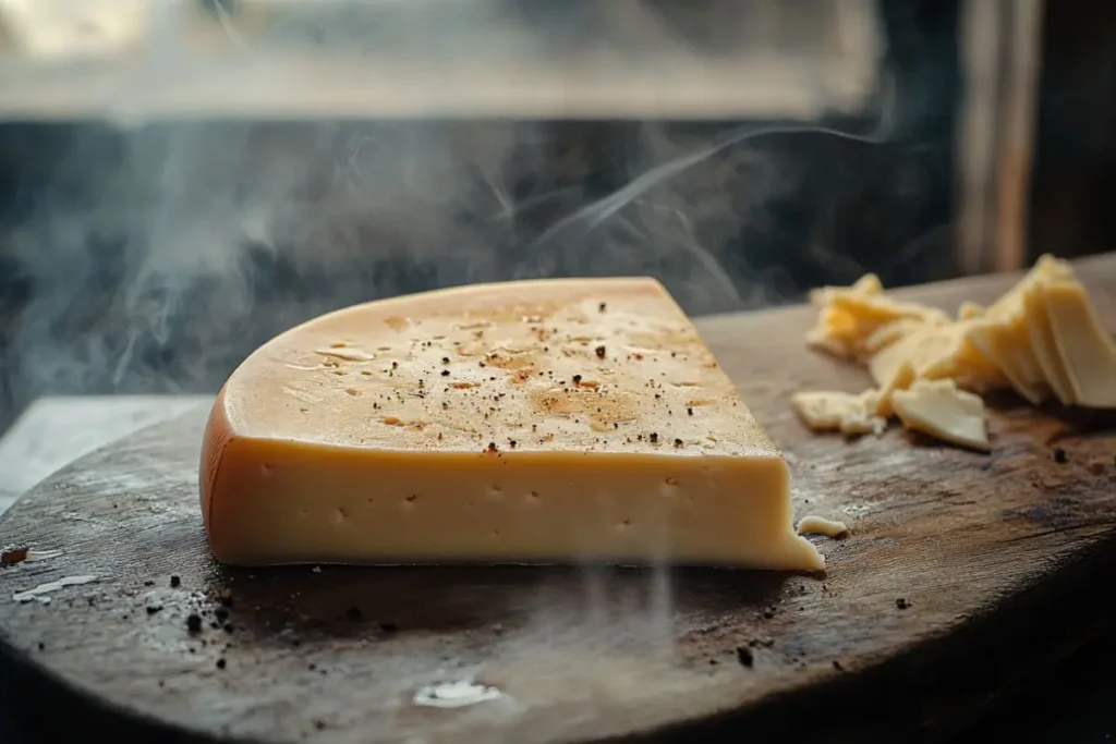 A wedge of smoked Gouda cheese on a wooden board with visible smoke and cheese shavings.