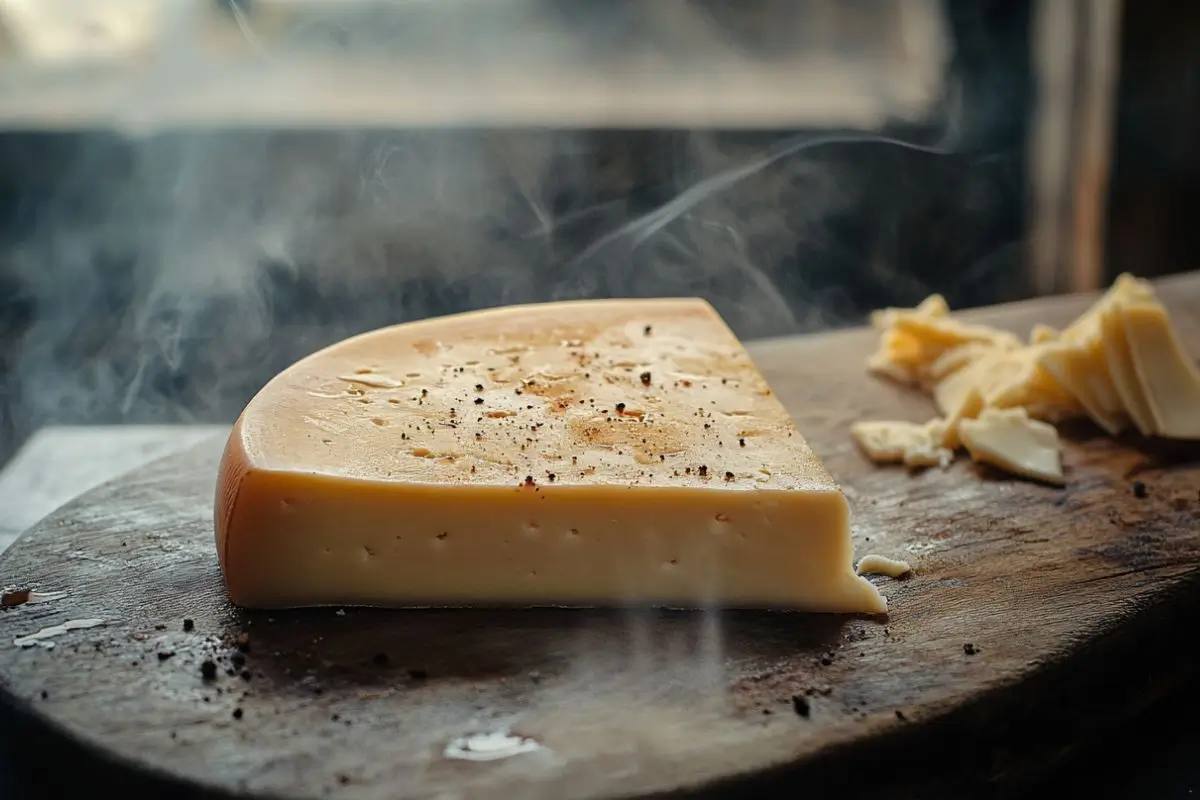 A wedge of smoked Gouda cheese on a wooden board with visible smoke and cheese shavings.