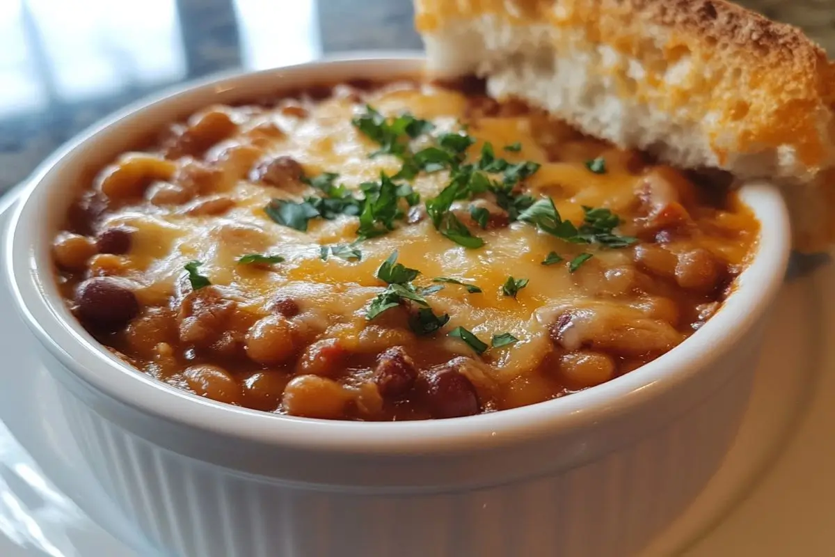 A bowl of baked beans recipe topped with melted cheese and garnished with chopped parsley, served with a slice of toasted bread on the side