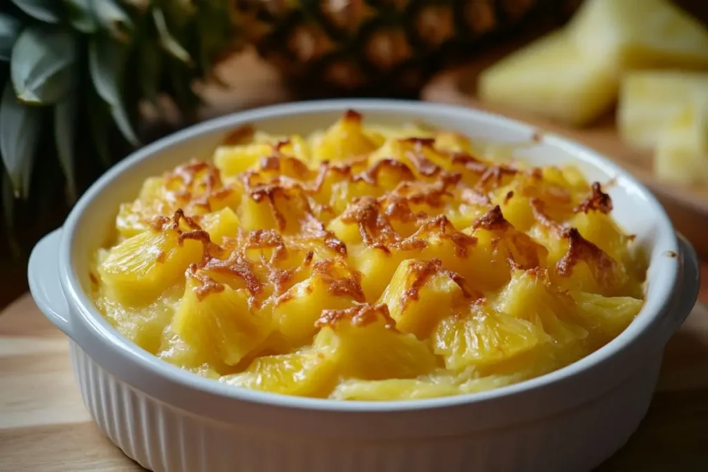 A round white casserole dish filled with baked pineapple chunks topped with a golden, crispy crust, served on a wooden surface with fresh pineapple in the background.