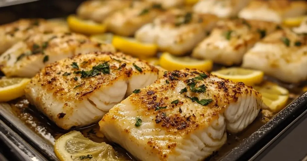 Close-up of perfectly baked rockfish fillets garnished with fresh parsley and served with slices of lemon on a baking tray.