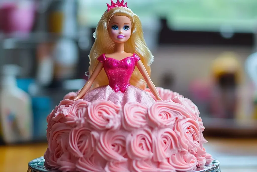 A Barbie doll cake decorated with pink frosting roses and a shimmering pink bodice.