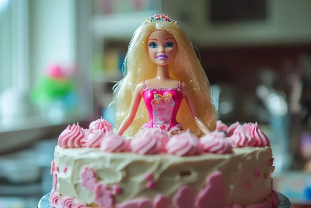 A Barbie doll cake with a white frosting base, pink decorations, and a doll wearing a detailed pink dress.