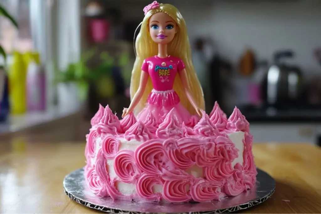 A Barbie doll cake decorated with pink swirled frosting and topped with a doll wearing a pink outfit.