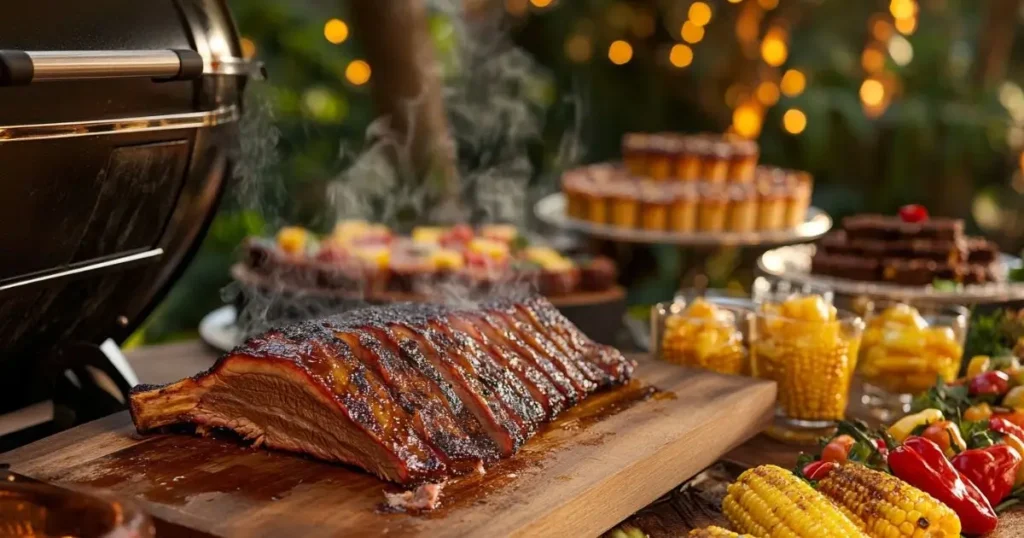 A wooden table showcasing smoked barbecue ribs with a glossy glaze, surrounded by smoked corn on the cob, colorful vegetables, and desserts, with warm lights in the background.