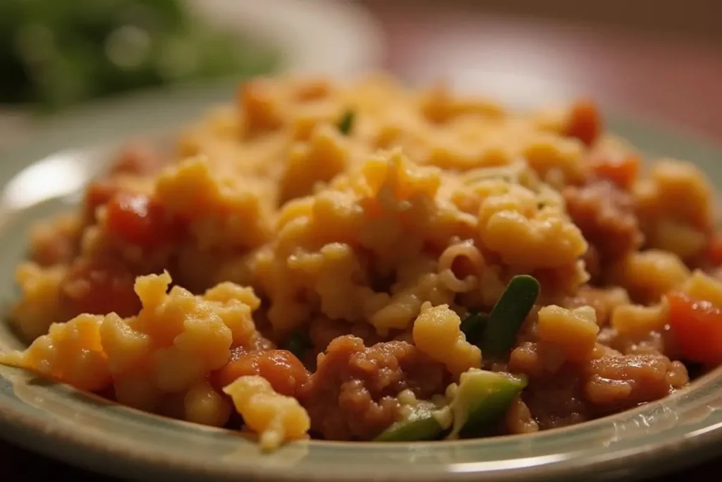 A serving of Cattle Drive Casserole on a plate with tender macaroni, ground meat, and vegetables.