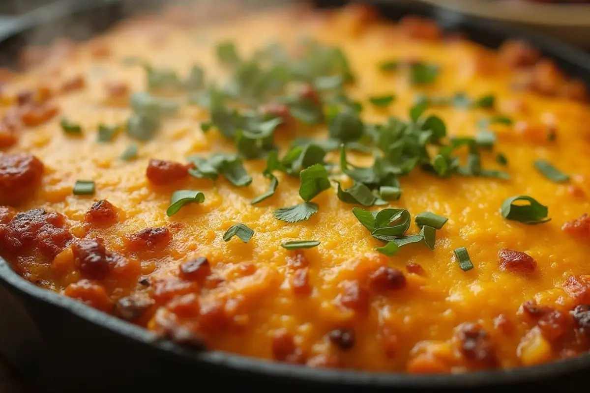 A hearty and cheesy Cattle Drive Casserole garnished with fresh herbs in a skillet.