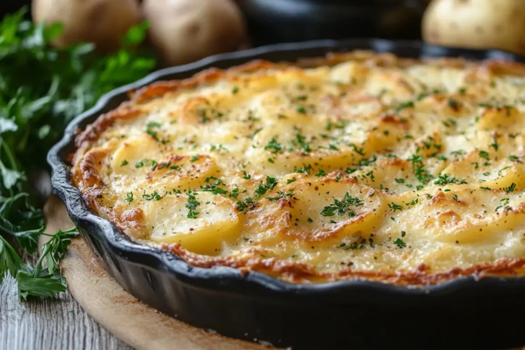 A creamy Passover potato pie baked in a black dish, topped with golden, cheesy potato slices and garnished with fresh parsley, surrounded by fresh potatoes and herbs.