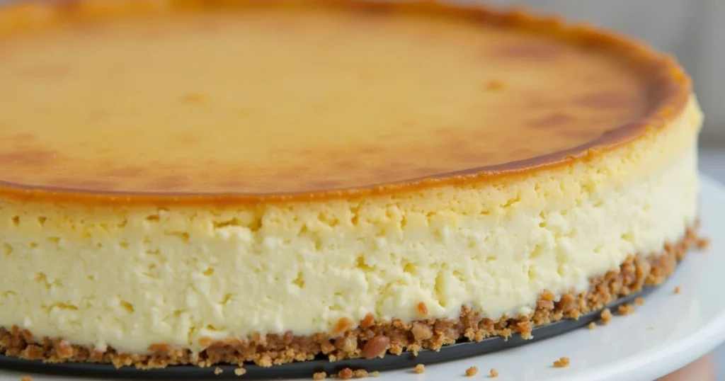 A classic cheesecake with a smooth, creamy filling, a golden-brown top, and a perfectly baked crumbly crust, displayed on a serving plate.