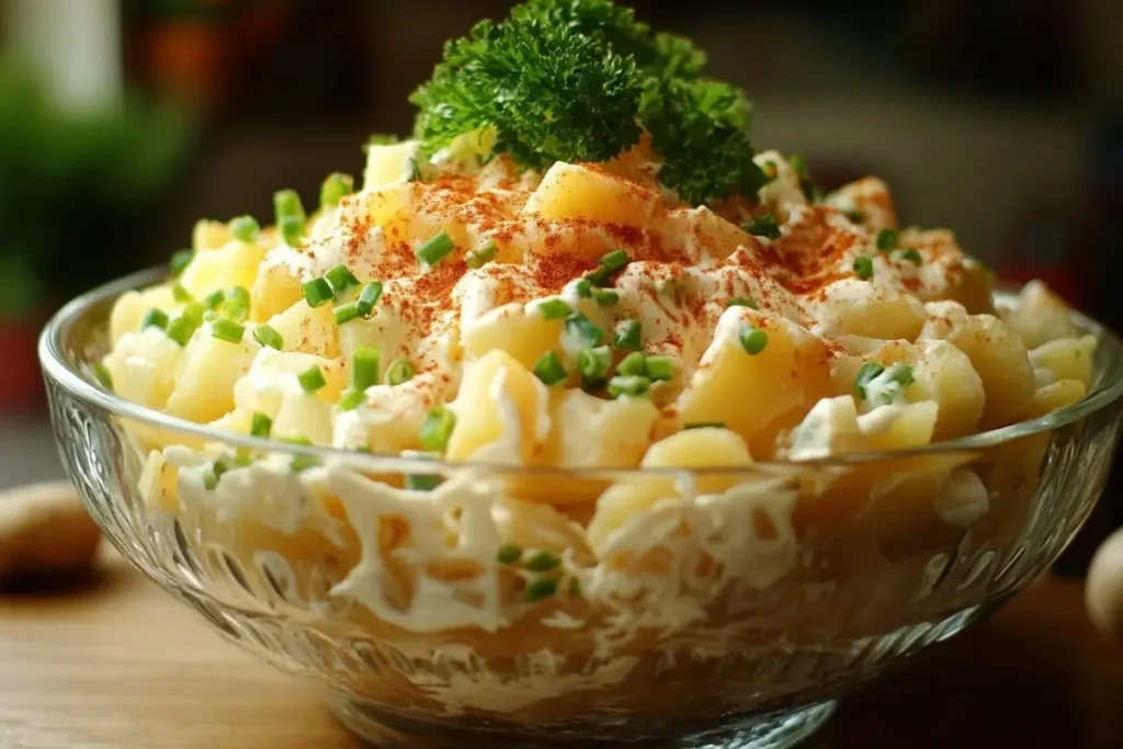 A glass bowl filled with crispy potato salad, garnished with creamy dressing, paprika, fresh chives, and parsley on top.