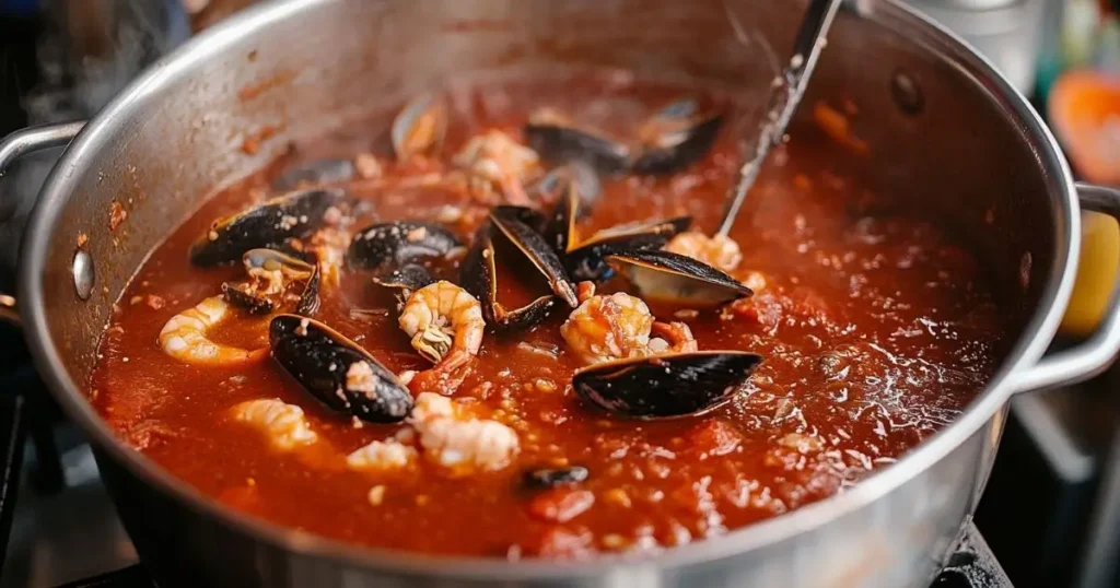 A pot filled with mussels, shrimp, and a rich tomato-based seafood boil sauce being cooked on a stovetop.