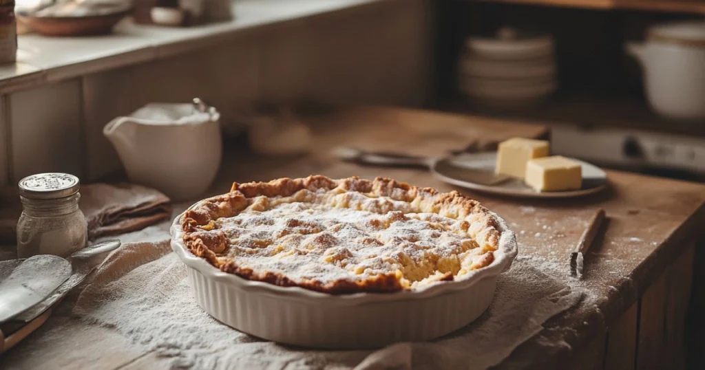 A freshly baked dump cake with a powdery surface in a white baking dish, placed on a rustic wooden countertop surrounded by baking tools and ingredients, including butter and sugar.