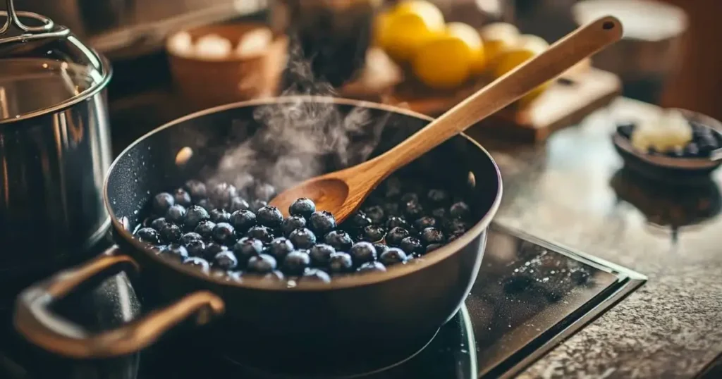 Fresh blueberries cooking in a saucepan with a wooden spoon, steam rising, on a stovetop.