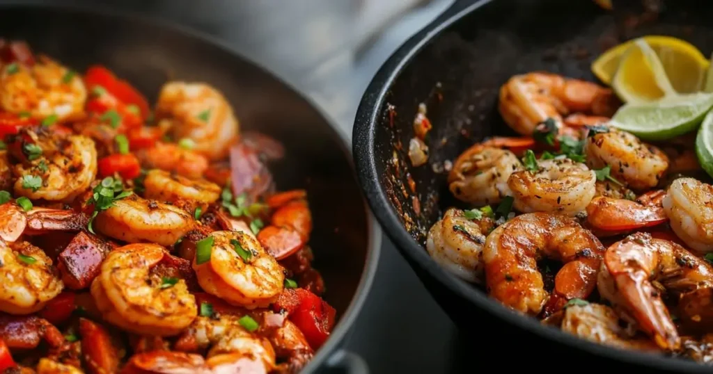 Two skillets featuring Cajun and Creole shrimp dishes with vibrant spices, vegetables, and lime wedges.