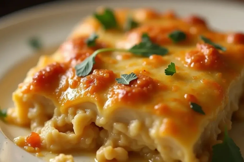 A close-up of a serving of Ritz chicken casserole on a plate, topped with melted golden cheese and garnished with fresh parsley.