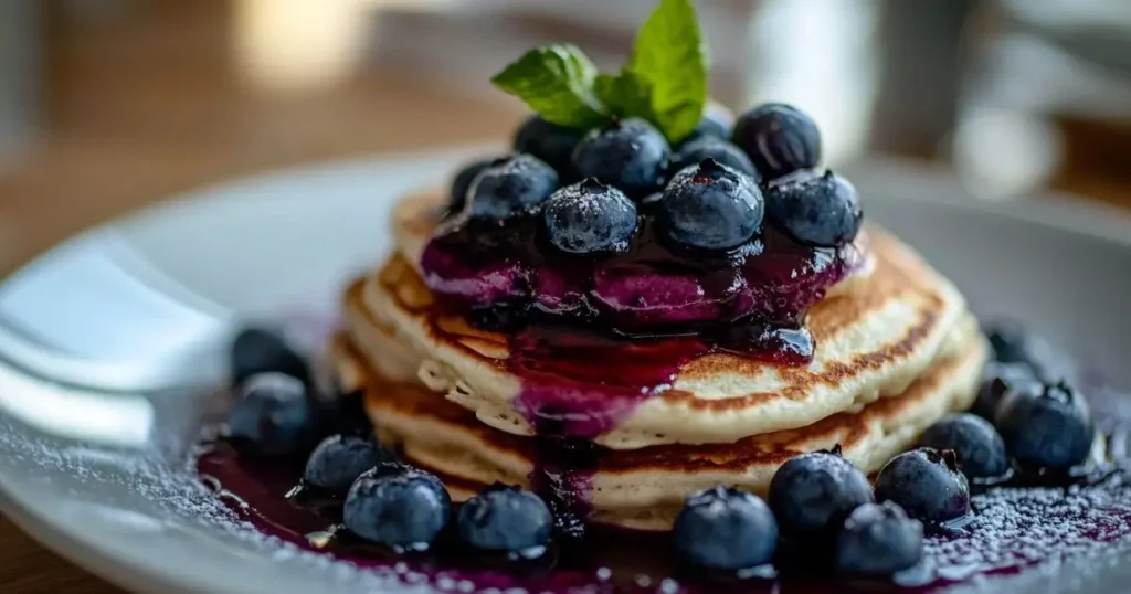 A stack of fluffy pancakes topped with fresh blueberries, blueberry compote, and a sprig of mint, served on a white plate.