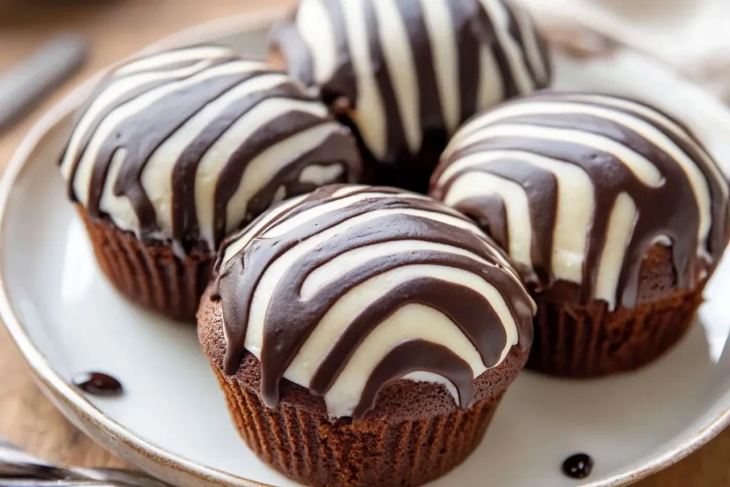 A beautifully sliced zebra cake with alternating layers of chocolate and vanilla, displayed on a wooden board with a sprinkle of powdered sugar.