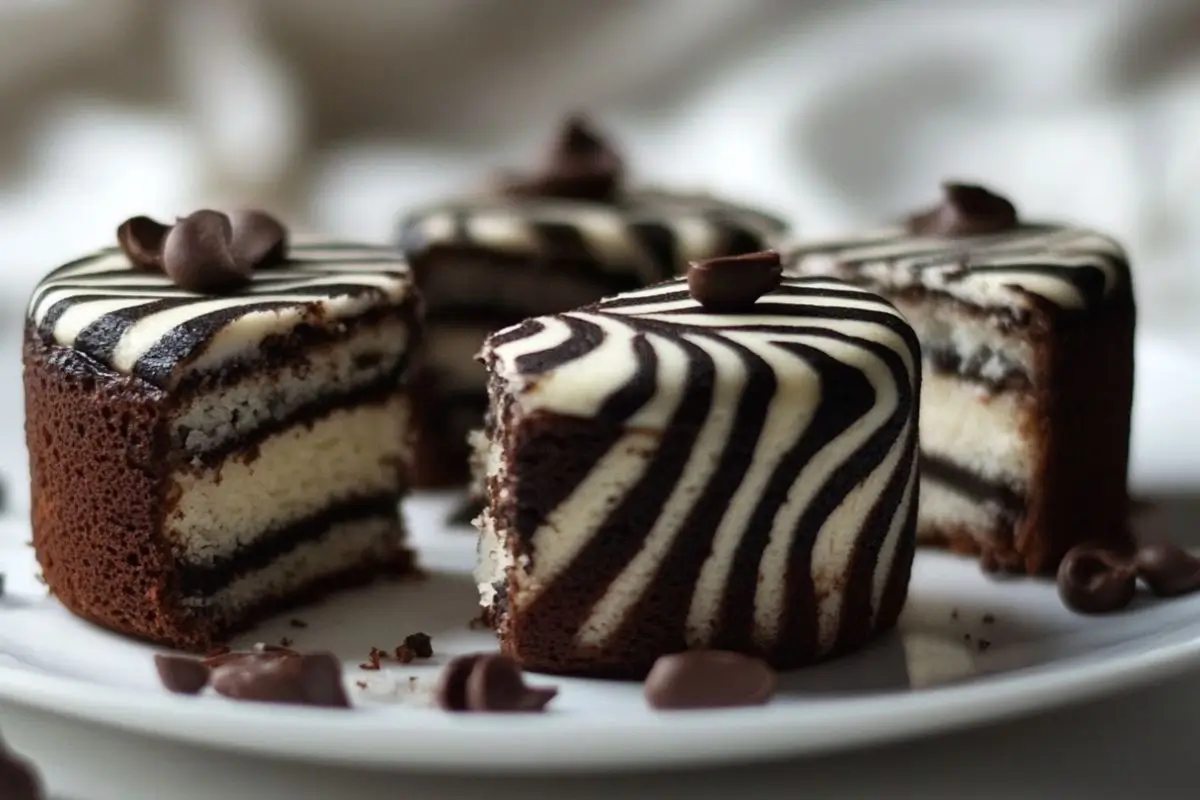 Close-up of a sliced zebra cake with chocolate and vanilla layers, decorated with striped frosting and chocolate chips.