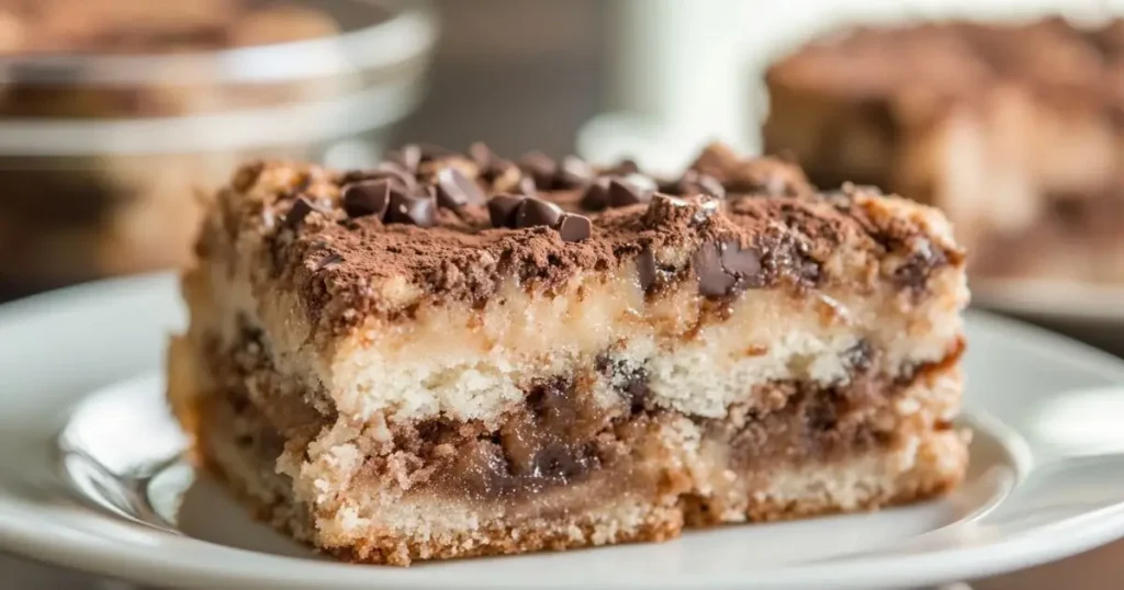 Close-up of a slice of layered chocolate dump cake topped with cocoa powder and chocolate chips on a white plate.