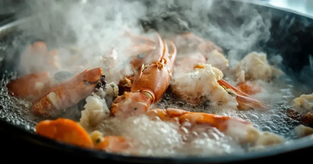 A steaming pot of seafood boil with lobster claws, crab legs, and chunks of seafood in a bubbling broth.