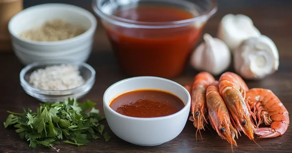 A display of essential ingredients for a seafood boil sauce, including parsley, garlic, shrimp, spices, and a bowl of sauce.