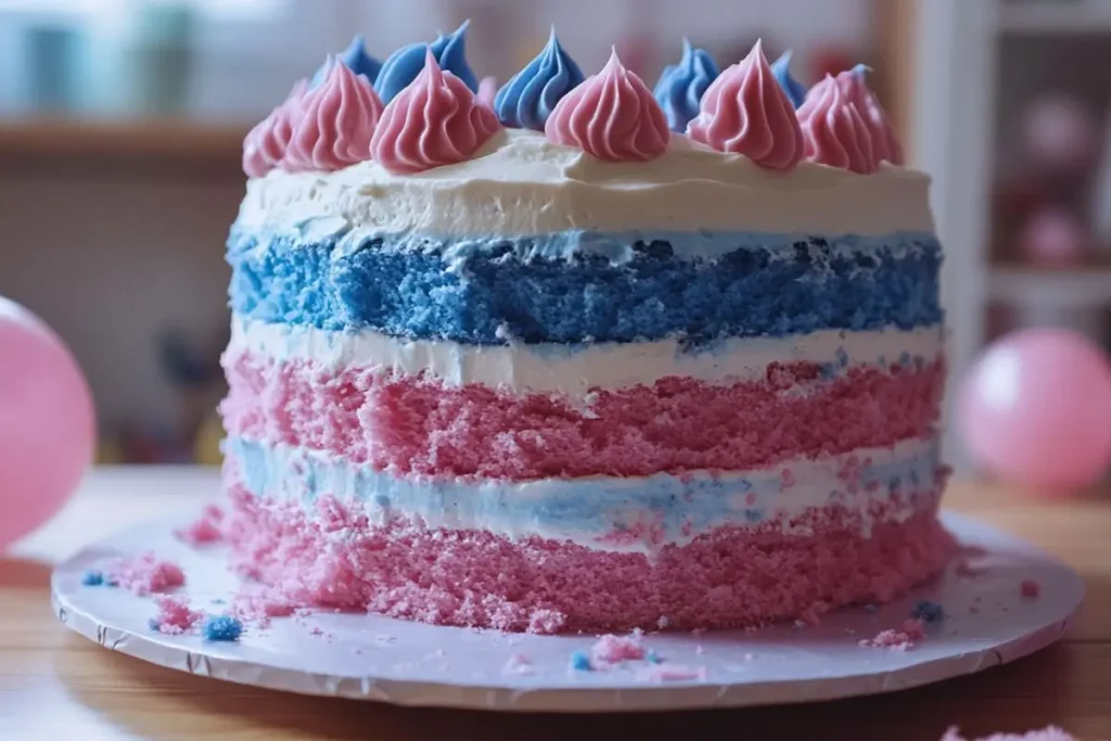 A gender reveal cake with exposed pink and blue layers, decorated with dollops of pink and blue frosting, set on a table with balloons in the background.