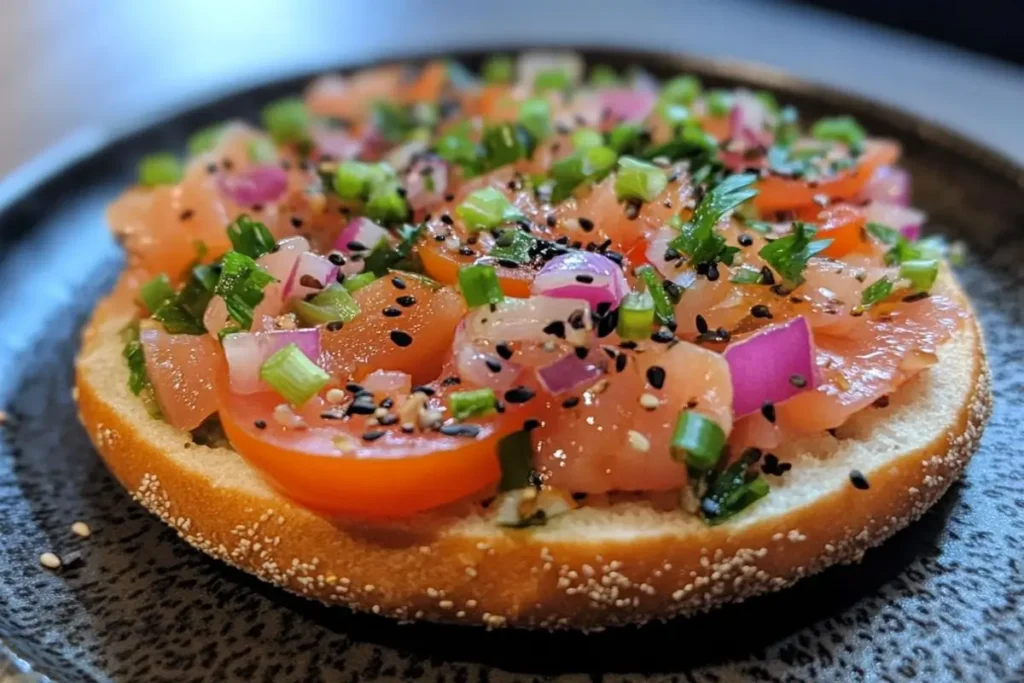 Open-faced lox bagel topped with diced smoked salmon, cherry tomatoes, red onion, scallions, fresh herbs, and black sesame seeds on a poppy seed bagel.