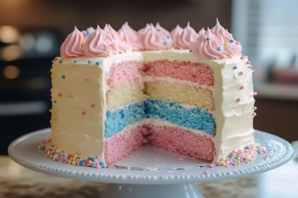 A beautifully frosted gender reveal cake with layers of pink, blue, and yellow sponge, topped with pink frosting swirls and colorful sprinkles, displayed on a decorative cake stand.