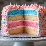 A vibrant gender reveal cake featuring layers of pink and blue, covered with pink frosting and colorful sprinkles, placed on a decorative white cake stand.