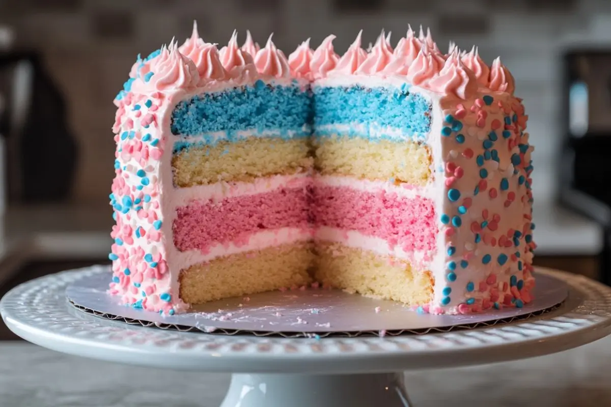 A vibrant gender reveal cake featuring layers of pink and blue, covered with pink frosting and colorful sprinkles, placed on a decorative white cake stand.