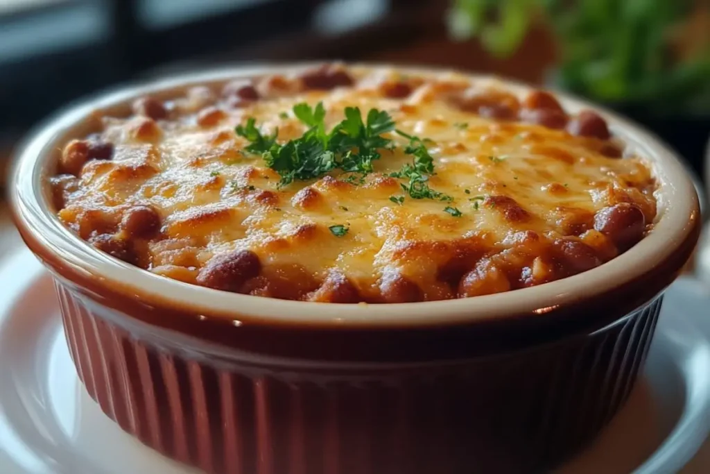 A ramekin filled with baked beans topped with golden melted cheese and garnished with fresh parsley, placed on a white saucer.