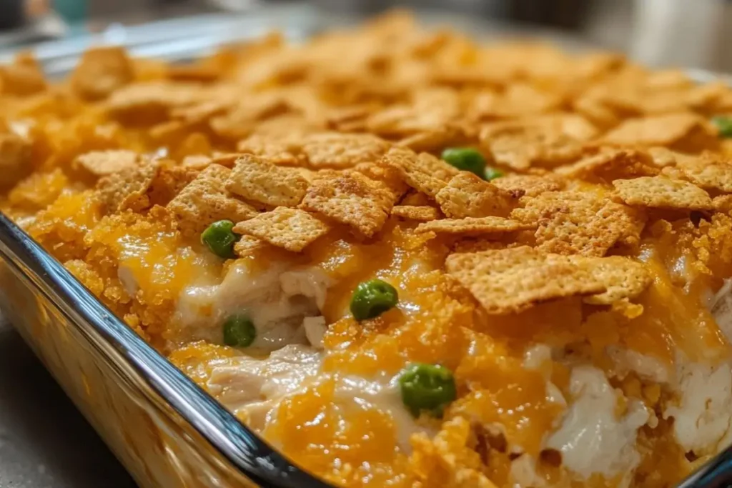 A freshly baked Ritz Cracker Chicken Casserole in a glass baking dish, topped with golden Ritz crackers, melted cheese, and green peas.