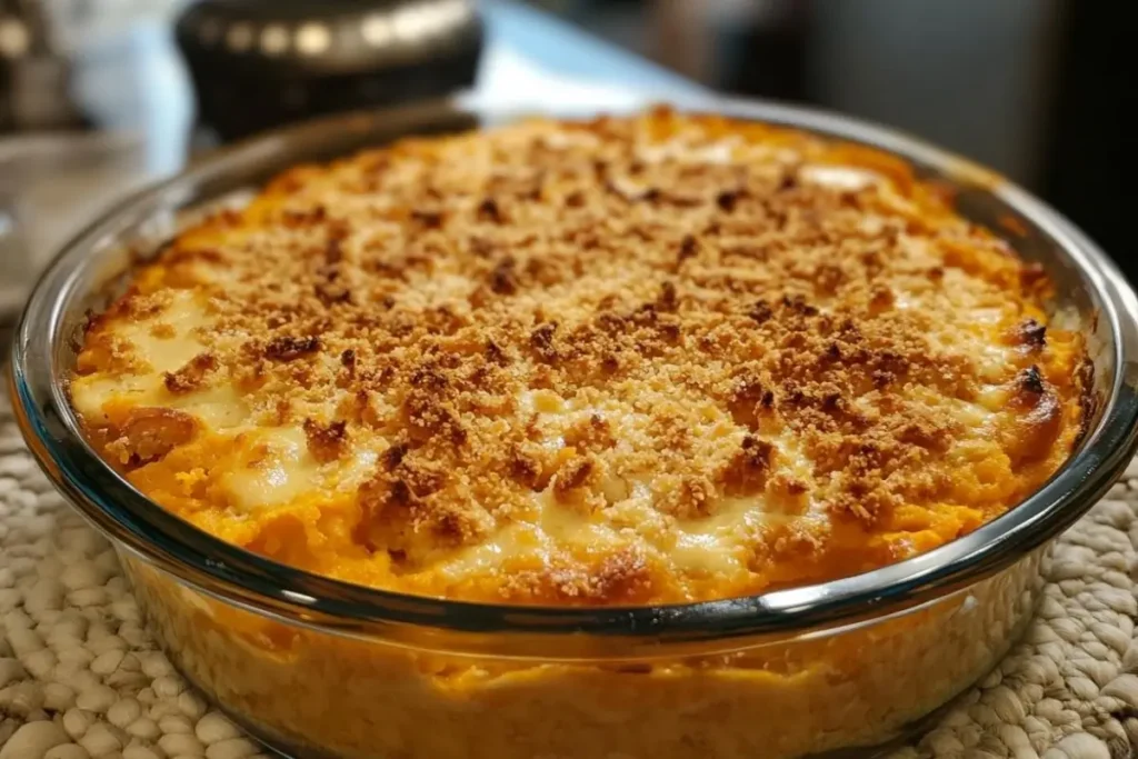 A golden Ruth Chris sweet potato casserole topped with a crispy pecan crumble, served in a round glass baking dish.