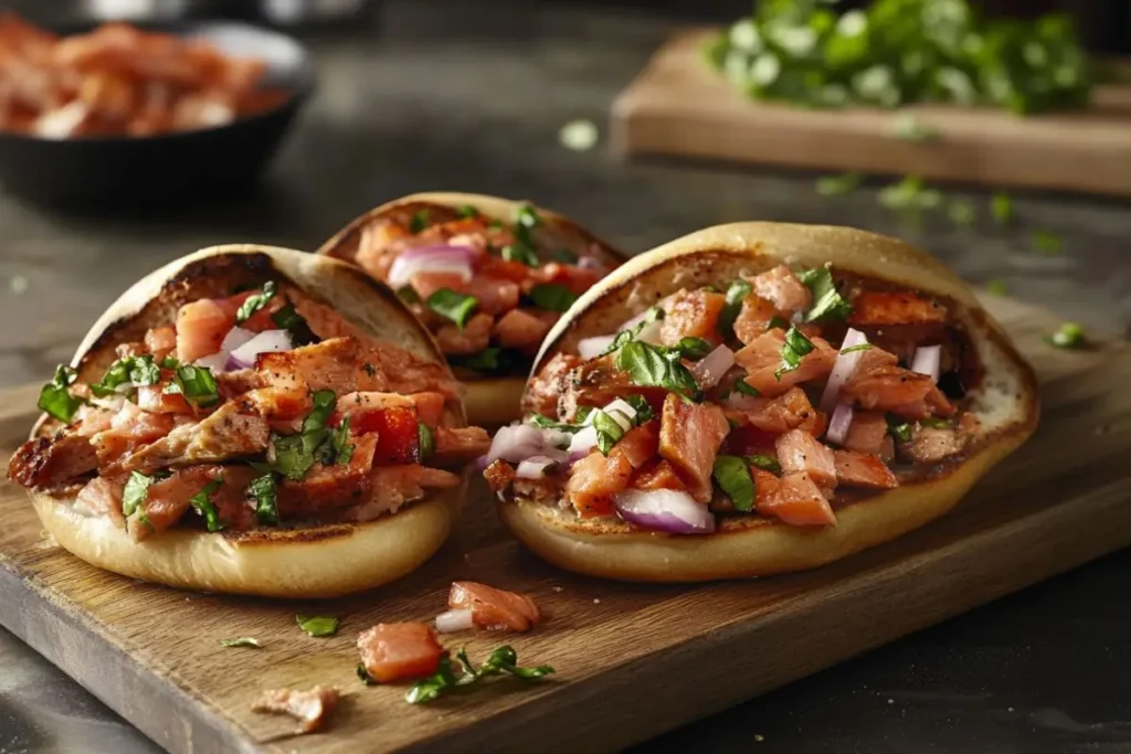 Close-up of a sesame seed bagel filled with smoked salmon, fresh herbs, and crispy toppings, served on a rustic wooden board.