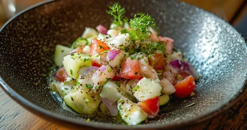 A close-up of a vibrant Greek salad featuring chopped cucumbers, tomatoes, red onions, and fresh herbs, drizzled with olive oil and sprinkled with black pepper, served in a rustic dark bowl.