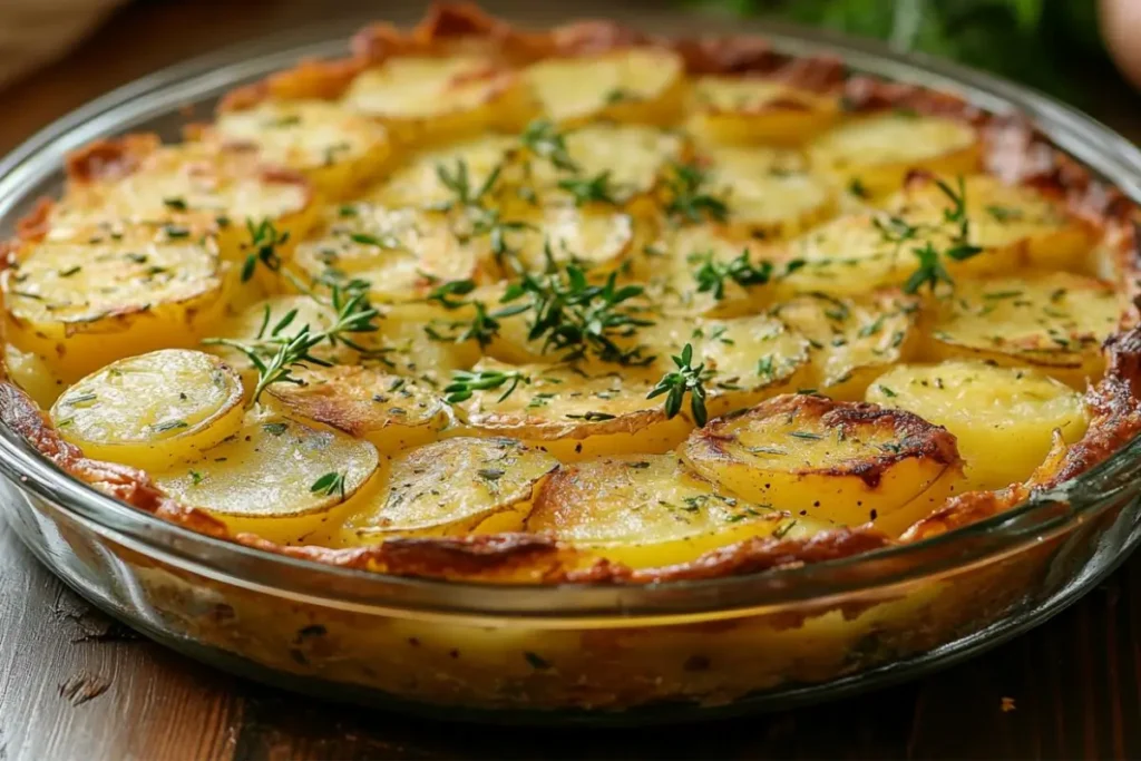 A beautifully baked Passover potato pie with thinly sliced golden potato layers, garnished with fresh herbs in a glass pie dish.