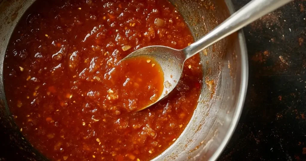 Close-up of a rich and spicy seafood boil sauce in a stainless steel bowl with a spoon.