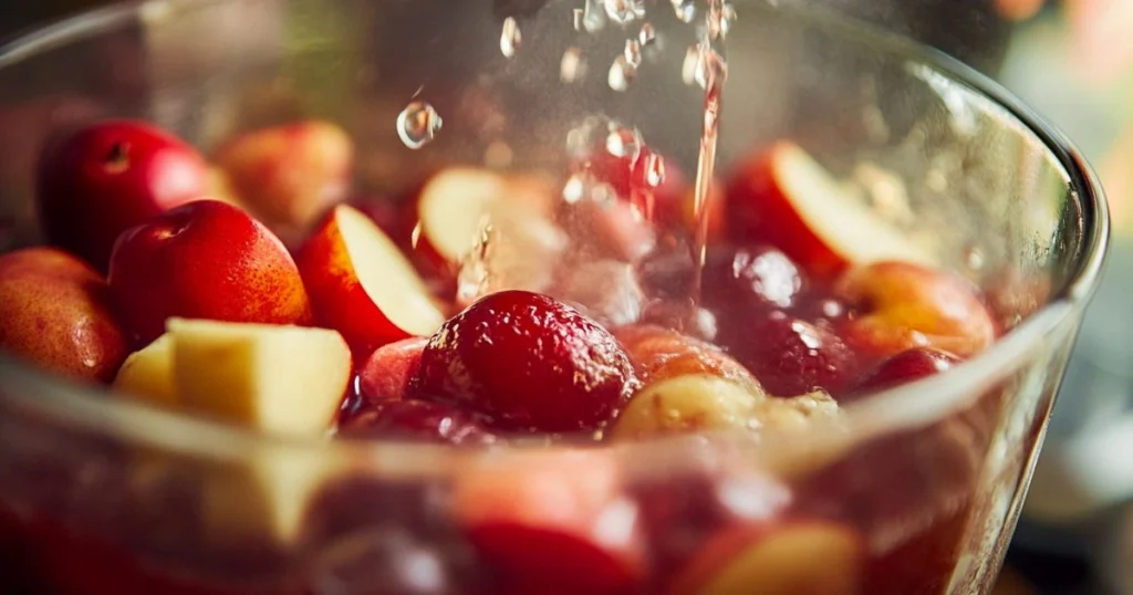 Close-up of fresh fruit, including cherries and apple slices, being poured over with syrup in a clear glass bowl, capturing the process of making compote.