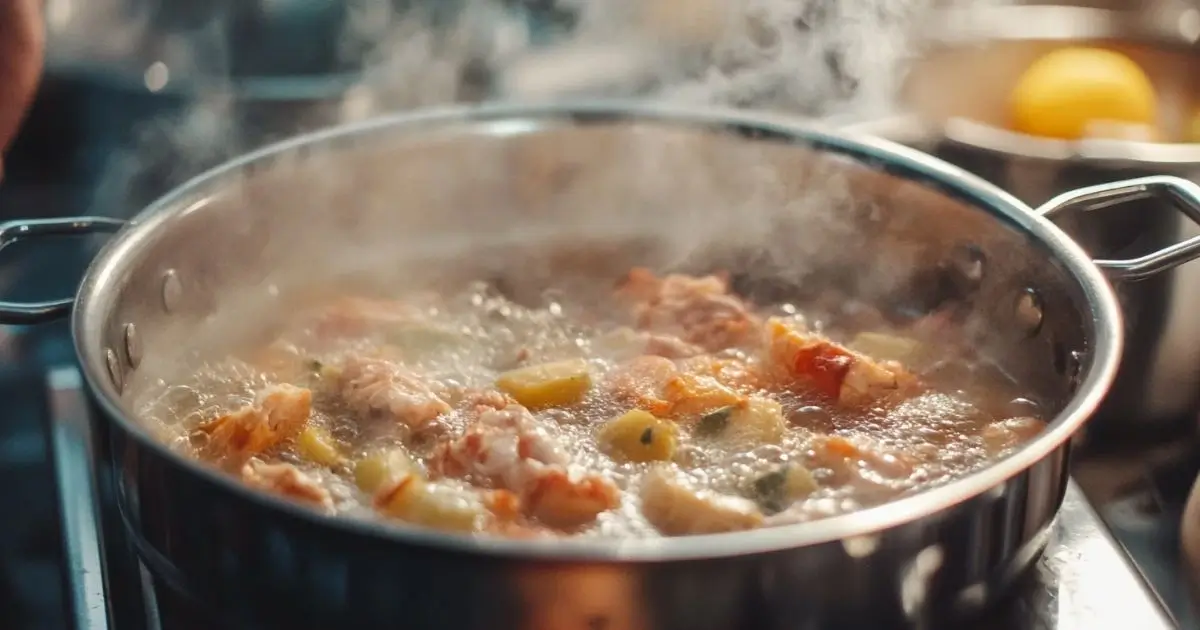 A pot of seafood boil bubbling with steam, featuring chunks of seafood and vegetables.