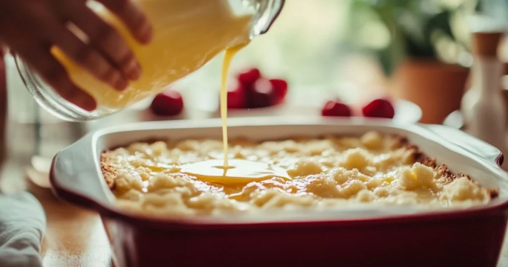 A close-up of a dump cake being prepared in a red baking dish, with melted butter being poured over the top layer of the cake mix. Fresh cherries are blurred in the background, adding a warm and inviting feel.