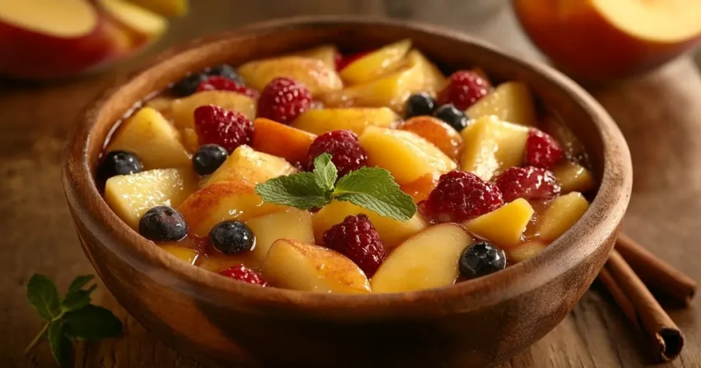 A rustic wooden bowl filled with a colorful fruit compote, featuring apples, berries, and peaches, garnished with a fresh mint sprig and accompanied by cinnamon sticks on a wooden table.