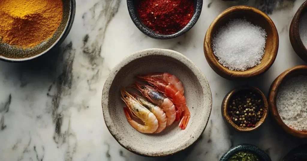 Fresh shrimp in a ceramic bowl surrounded by spices, salt, and seasonings on a marble countertop.