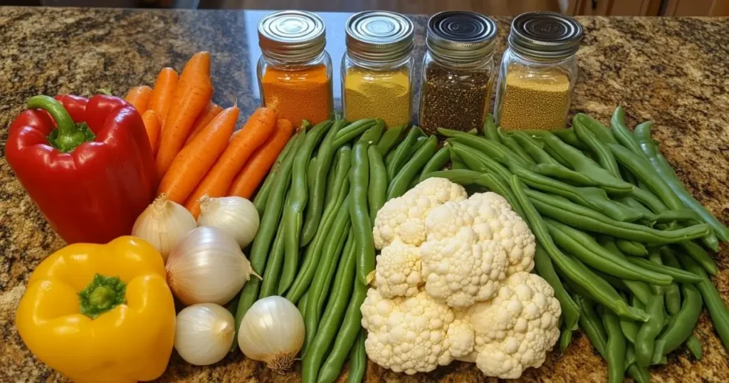 Fresh vegetables and spices for a Chow Chow recipe, including red and yellow bell peppers, onions, carrots, green beans, cauliflower, and jars of mustard seed, turmeric, and other seasonings on a countertop.