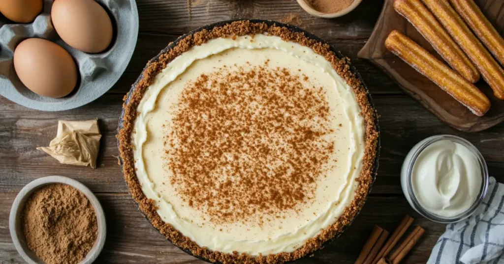 Ingredients for a churro cheesecake recipe, including eggs, brown sugar, cinnamon, cream, churros, and a cheesecake with a cinnamon topping on a wooden surface.