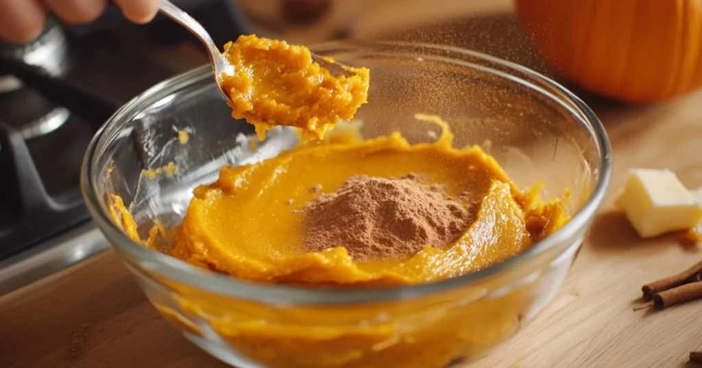 A clear glass bowl filled with pumpkin puree and spices being stirred with a spoon, set on a wooden countertop with butter and cinnamon sticks in the background.