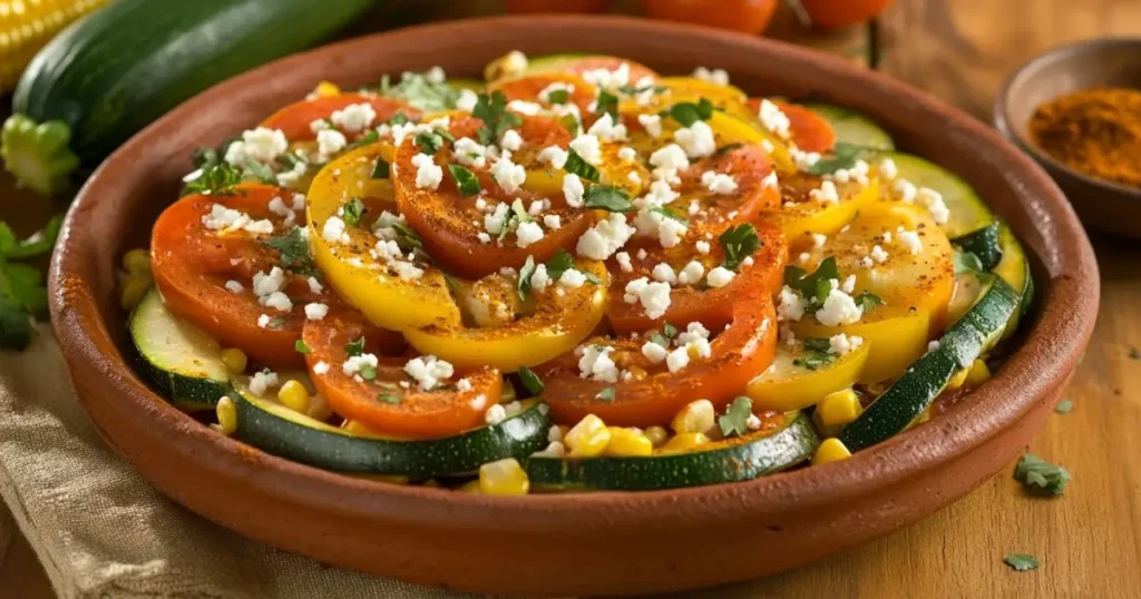 A vibrant dish of calabacitas featuring sliced zucchini, yellow squash, tomatoes, corn, and crumbled cheese, garnished with fresh herbs in a rustic clay serving bowl.