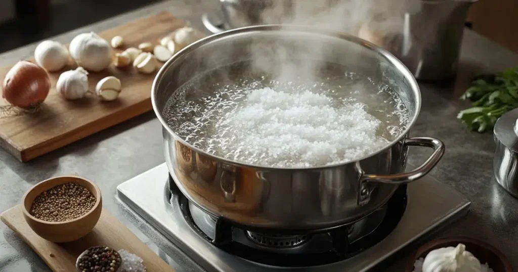 A pot of boiling water with coarse salt, surrounded by garlic, onions, spices, and herbs on a kitchen counter.