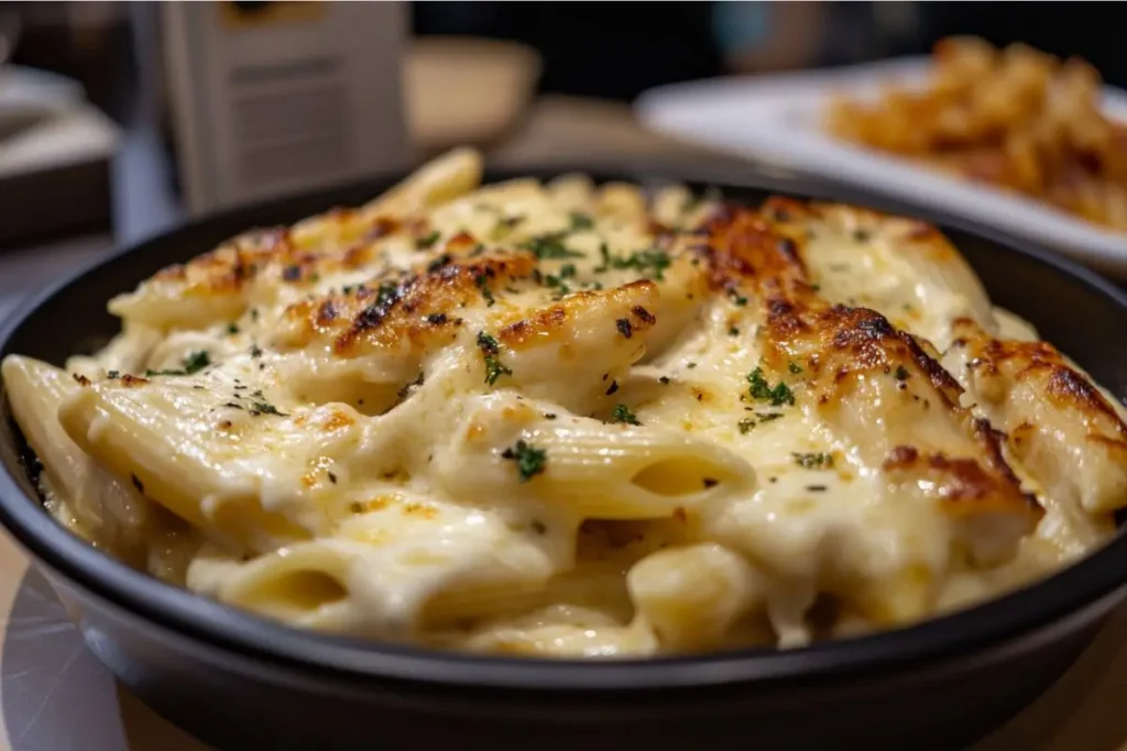 A bowl of creamy garlic Parmesan chicken pasta topped with golden, melted cheese and sprinkled with fresh parsley.