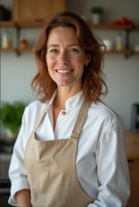 Smiling chef Julia wearing a beige apron and white chef's coat in a cozy kitchen setting.