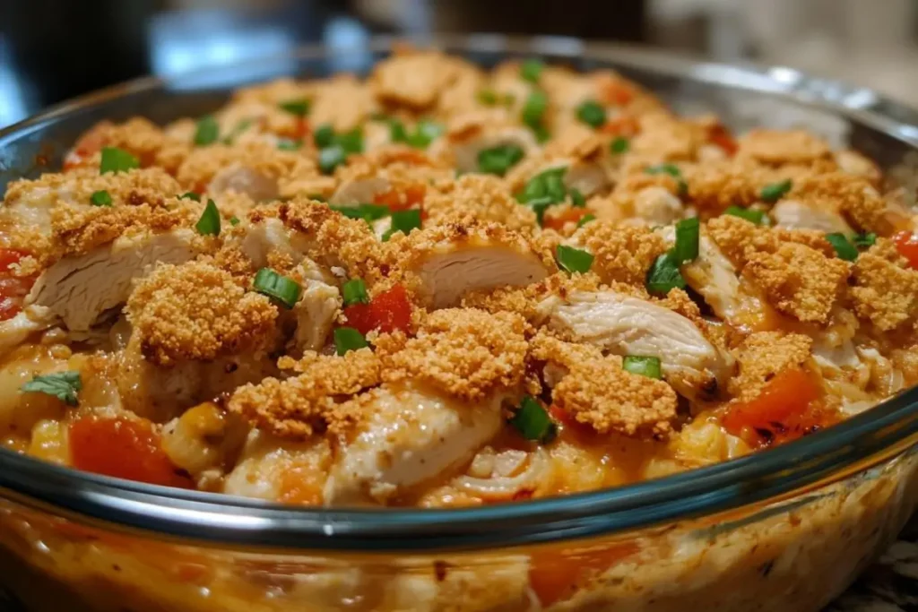 A freshly baked Ritz Cracker Chicken Casserole in a glass dish, topped with golden cracker crumbs, tender chicken, diced tomatoes, and garnished with fresh green onions.